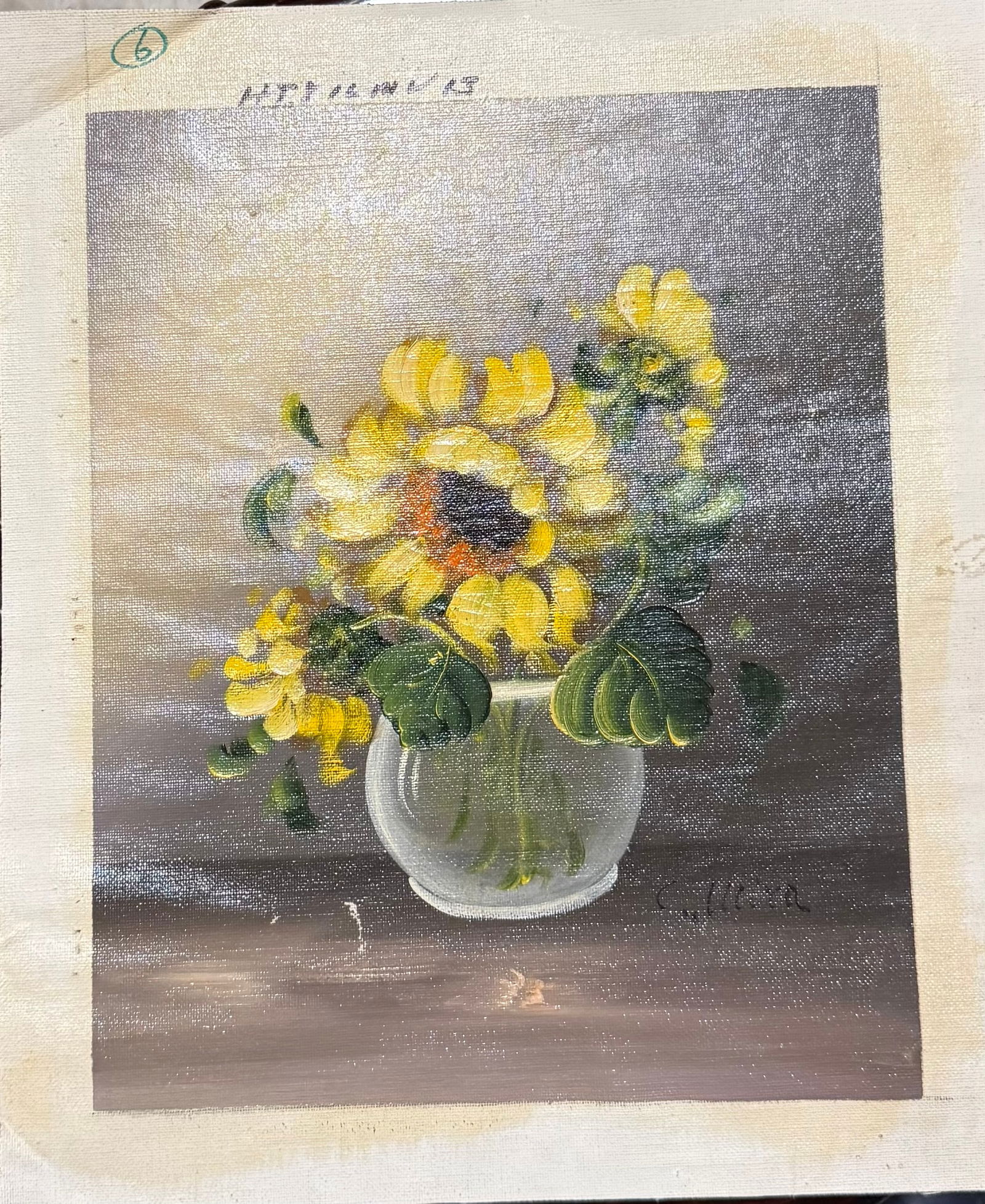 A vintage oil on canvas floral still life painting of sunflowers in a vase,: A vintage oil on canvas floral still life painting of sunflowers in a vase, signed by the artist, likely produced in the late 19th or early 20th century, 8” x 10”