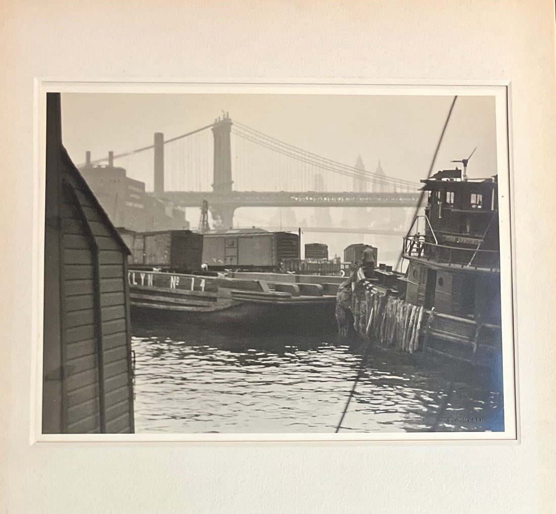 Photograph New York City, Brooklyn Bridge tugboats inner harbor stamped 1920s (1 of 6)