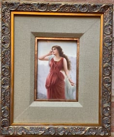 Hard paste porcelain plaque Signed Wagner: Hard paste porcelain plaque, probably KPM ( see mark on the back),Portrait of young Classical maiden on hard paste porcelain, signed Wagner, late 19th century 6" x 4" framed 11 1/4" x 9 1/2"