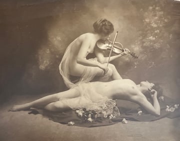 Early 20th century photograph, rare photograph woman playing violin: Early 20th century photograph, rare photograph woman playing violin nude while the other one is listening condition good worn around the edges 13 inches tall 16 1/2 inches wide