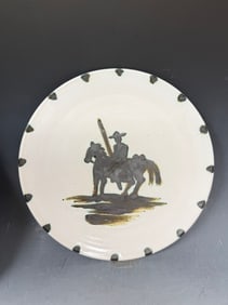 A Ceramic Plate with a Horseman Painting and a Picasso Signature on the Back: A Ceramic Plate with a Horseman Painting and a Picasso Signature on the Back, 7 1/2" D