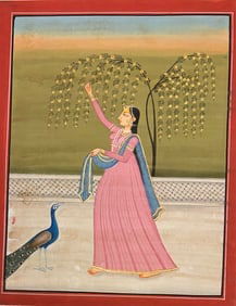 Indian Pahari miniature painting of a Princess on palace terrace (1 of 2)