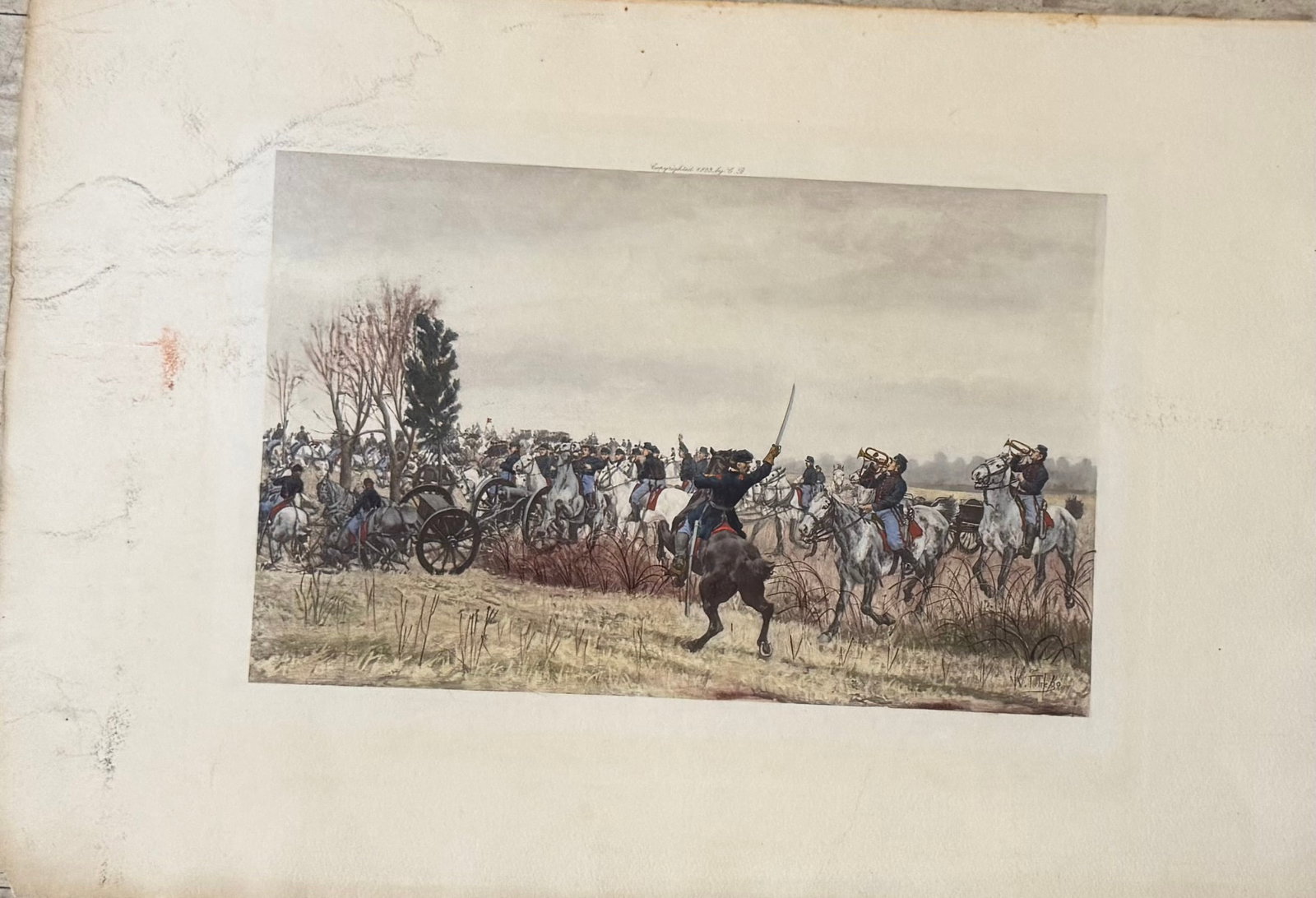 Vintage print of a 19th-century American Civil War artwork: Vintage print of a 19th-century American Civil War artwork depicting a mounted cavalry battle, likely set during the Petersburg Campaign. 7 1/2” x 11 1/2”