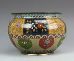 Antique Japanese Cloisonne Jar: Japan, 19th C., cloisonne jar, bulbous in form, slightly flared rim and raised base, brightly painted in blocks of designs on outside surface, interior painted in bright blue hue. Height 9 1/2 in., Le