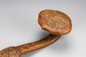 Antique Chinese Boxwood Ruyi Scepter: China, 19th C., boxwood ruyi scepter, the end, collar and head each with intricately carved garden scenes with scholarly figures occupied in various activities, the shaft densely decorated repeating o