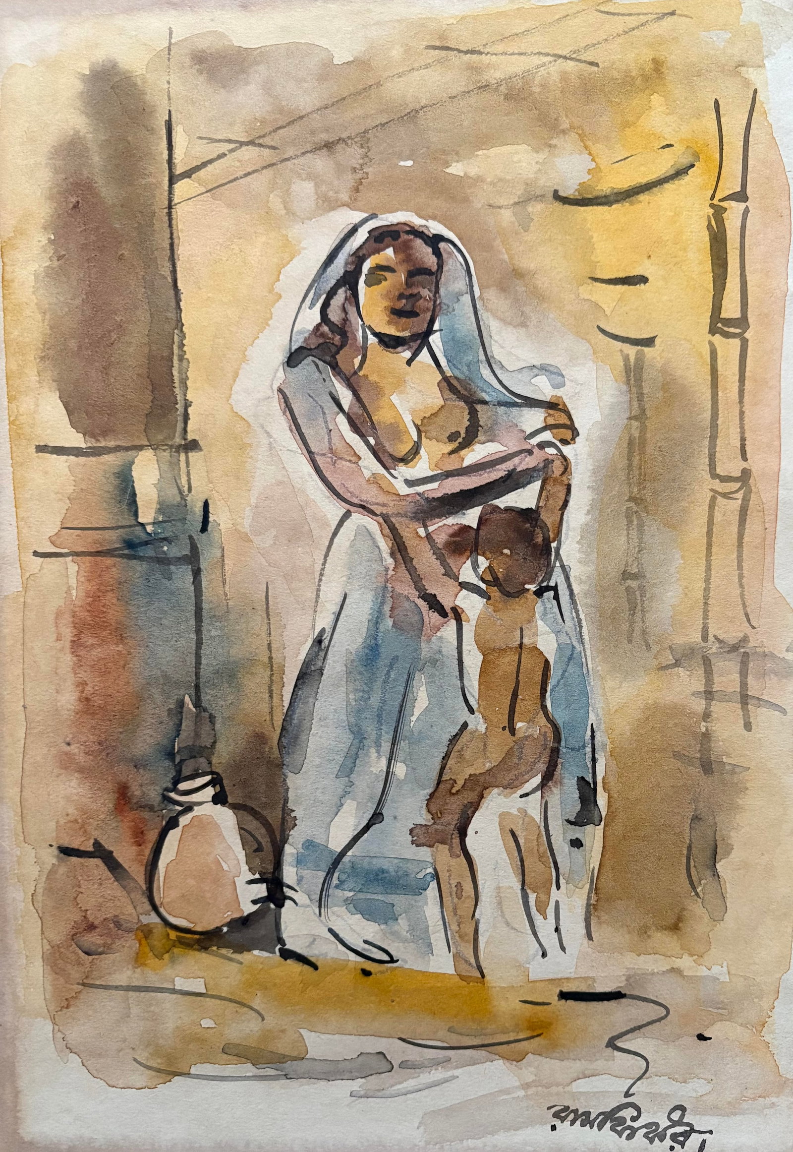 Ramkinkar Baij ( Indian) watercolor painting of Mother and child (1 of 1)