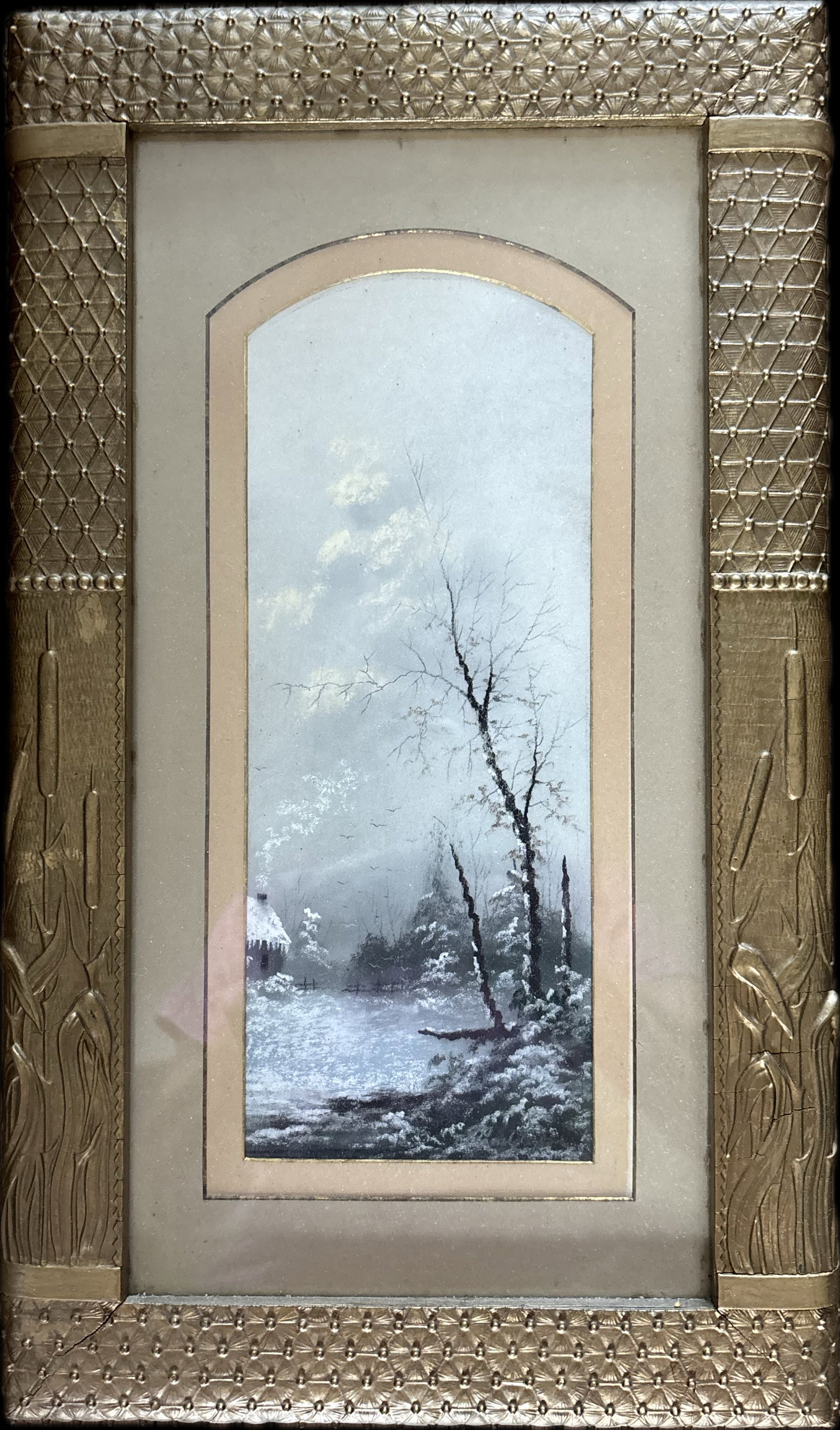 A vintage original hand-painted rustic winter scene, attributed to the artist Bonnard (1 of 2)