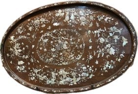 Antique Chinese Oval Tray with Inlays of Mother of Pearl: Antique Chinese Oval Tray with Inlays of Mother of Pearl, 8 3/4 D. Please note that this item is in Manhattan NY and the shipper's information will be mailed to the winning bidders after the auctions 