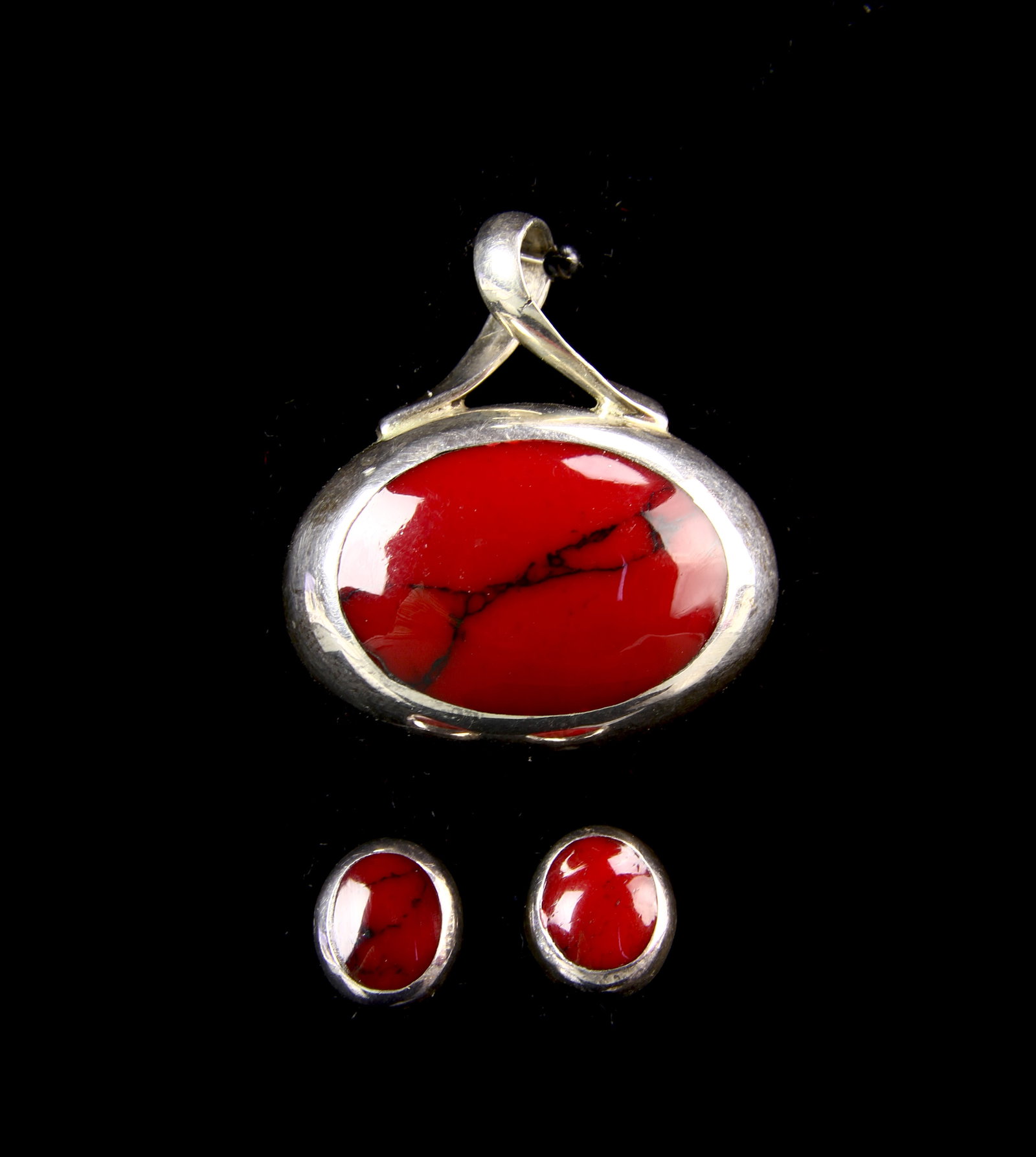 Chinese Coral and Silver Pendant Earrings: China, red coral and silver pendant earrings.