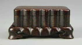 Antique Chinese Zitan Ink Box: China, Antique Zitan Ink Box with Base, in an organic dark shade, with widely scalloped edges, with natural wood grain showing. Height 4 in., Length 5 1/2 in.