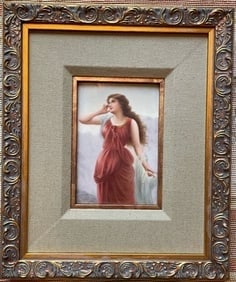 Hard paste porcelain plaque Signed Wagner: Hard paste porcelain plaque, probably KPM ( see mark on the back),Portrait of young Classical maiden on hard paste porcelain, signed Wagner, late 19th century 6" x 4" framed 11 1/4" x 9 1/2