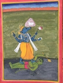 Indian Pahari school miniature painting of Vishnu as Varaha Avatar: Indian Pahari school miniature painting of Vishnu as Varaha AvatarSize : 11.5 by 9 inches
