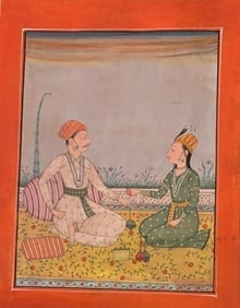Indian Pahari miniature painting of a Royal couple on the palace terrace: Indian Pahari miniature painting of a Royal couple on the palace terrace Pahari miniature paintings were done by artists in little kingdoms like Kulu , Kangra , Guler located on the foothills of mount