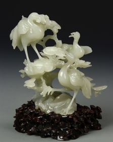 Antique Chinese Jade Carved Sculpture: China, antique jade carved sculpture depicting four large cranes standing together with great features and details of tall Ruyi mushrooms and vines with carved square base. Height 5 1/2 in.