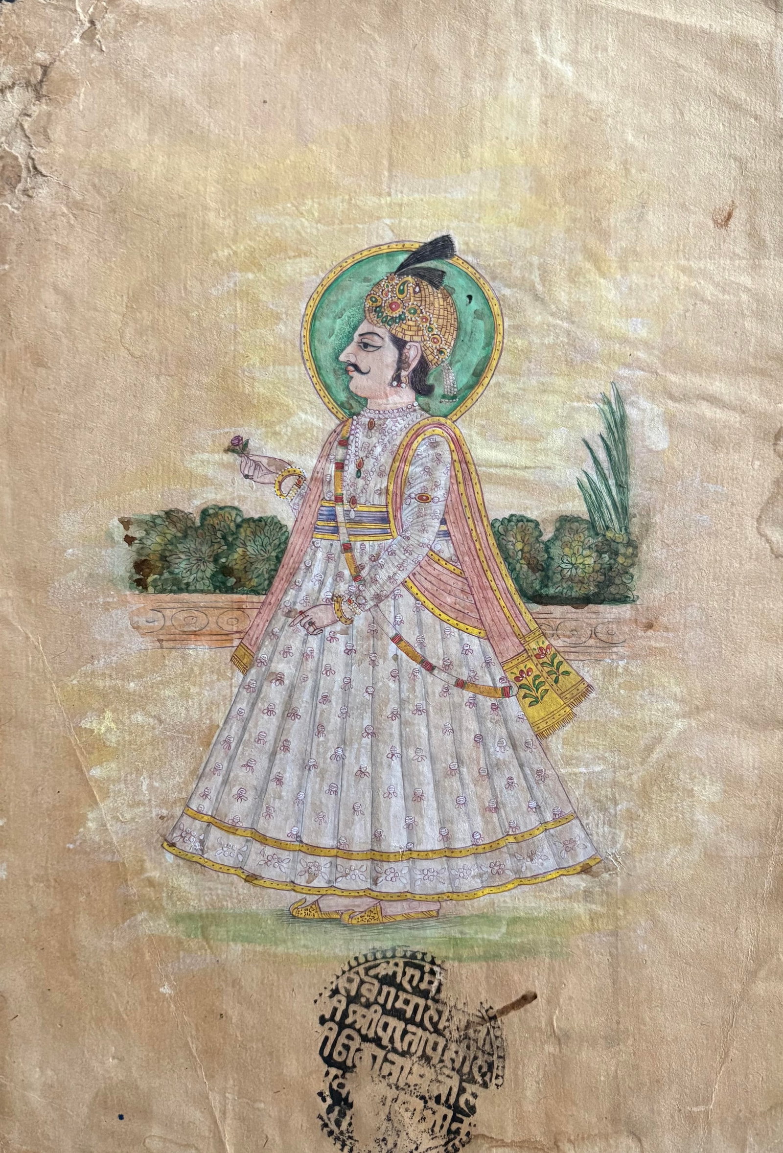 Portrait of a Rajput Ruler, Likely Maharaja Sawai Pratap Singh of Jaipur: Portrait of a Rajput Ruler, Likely Maharaja Sawai Pratap Singh of Jaipur - Indian miniature painting This fine Rajasthani miniature painting, executed in opaque watercolor and gold on paper, depicts t