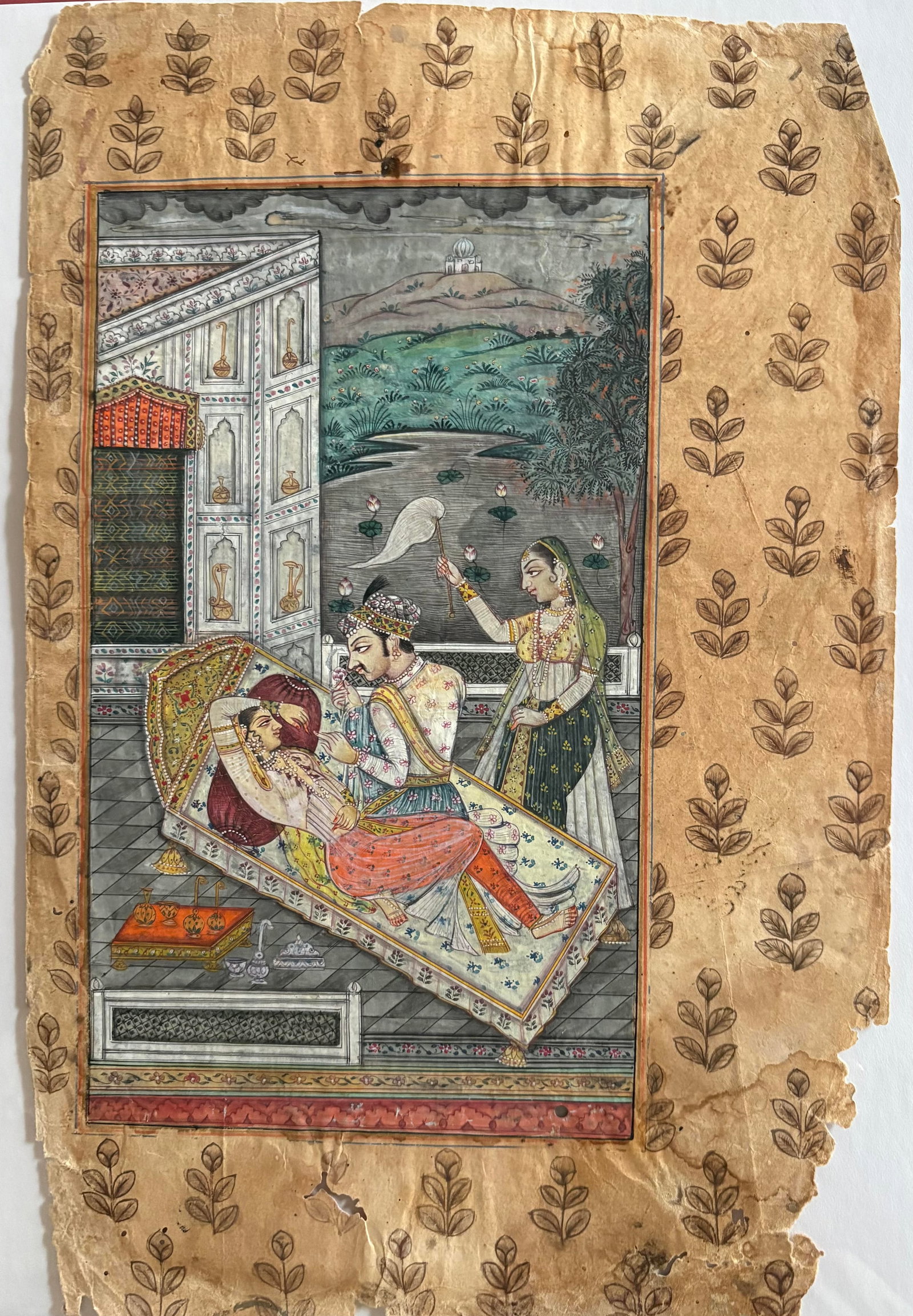 Indian miniature painting provincial Mughal or awadh school painting of a royal scene: Indian miniature painting provincial Mughal or awadh school painting of a royal scene This fine miniature painting, executed in opaque watercolor and gold on paper, depicts an intimate romantic encoun