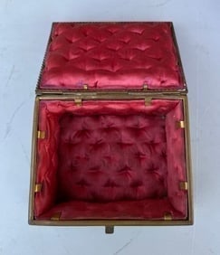 19th C. French Champlevé Enamel & Fire Gilt Bronze Metalwork Domed Top Jewel Box: Late 19th Century French ChamplevéEnamel & Fire Gilt BronzeMetalwork Domed Top Jewel BoxApproximately 5 x 3 x 6 3/4”This box features cloisonné enamel, a decorative technique where thin metal 