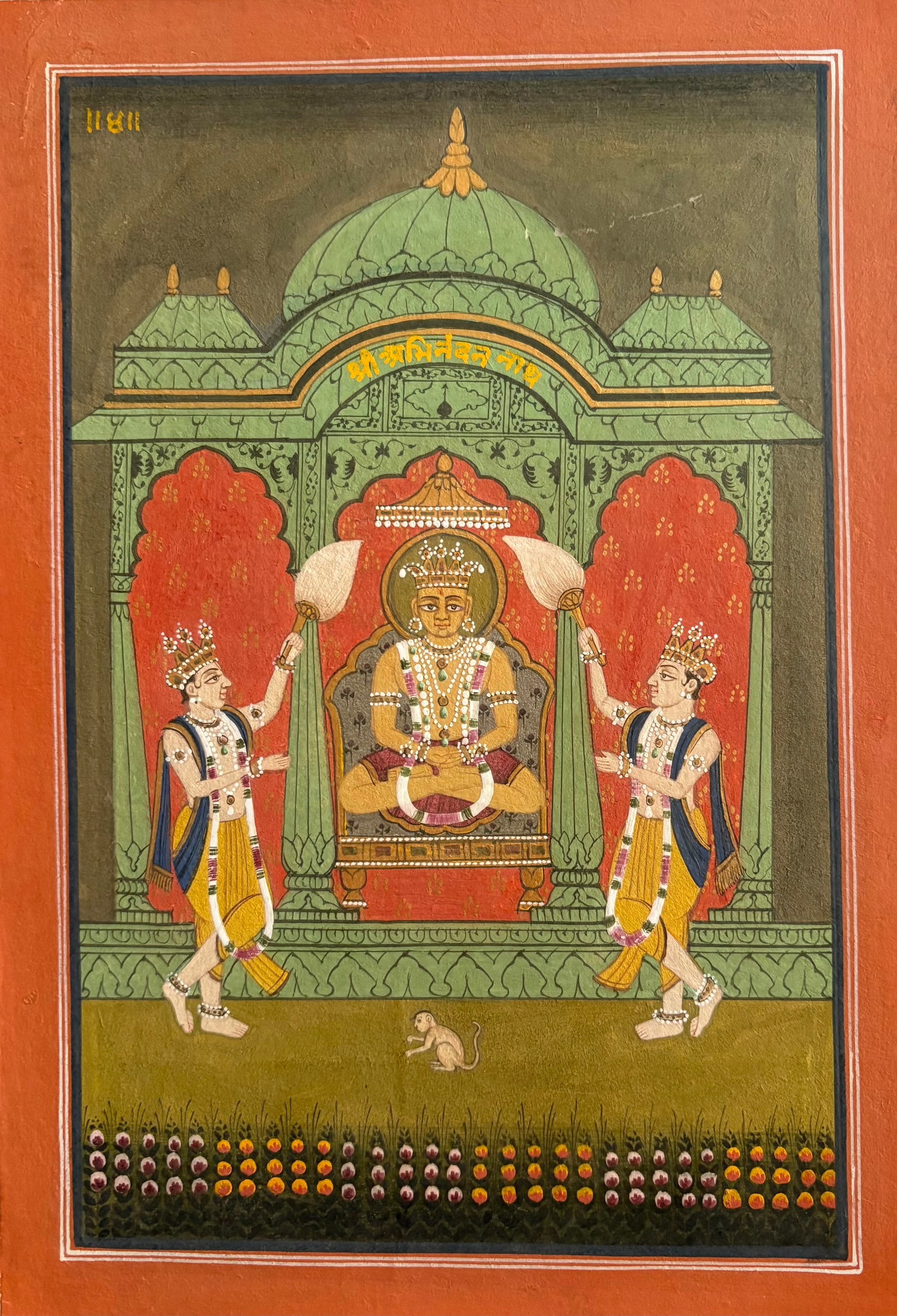 Enthronement of the Fourth Jain Tirthankara, Abhinandananatha Indian Jain miniature painting: Enthronement of the Fourth Jain Tirthankara, Abhinandananatha Indian Jain miniature painting Rajasthanj school, executed in the classical idiom of the Jaipur or Alwar regional style.. The work reflect