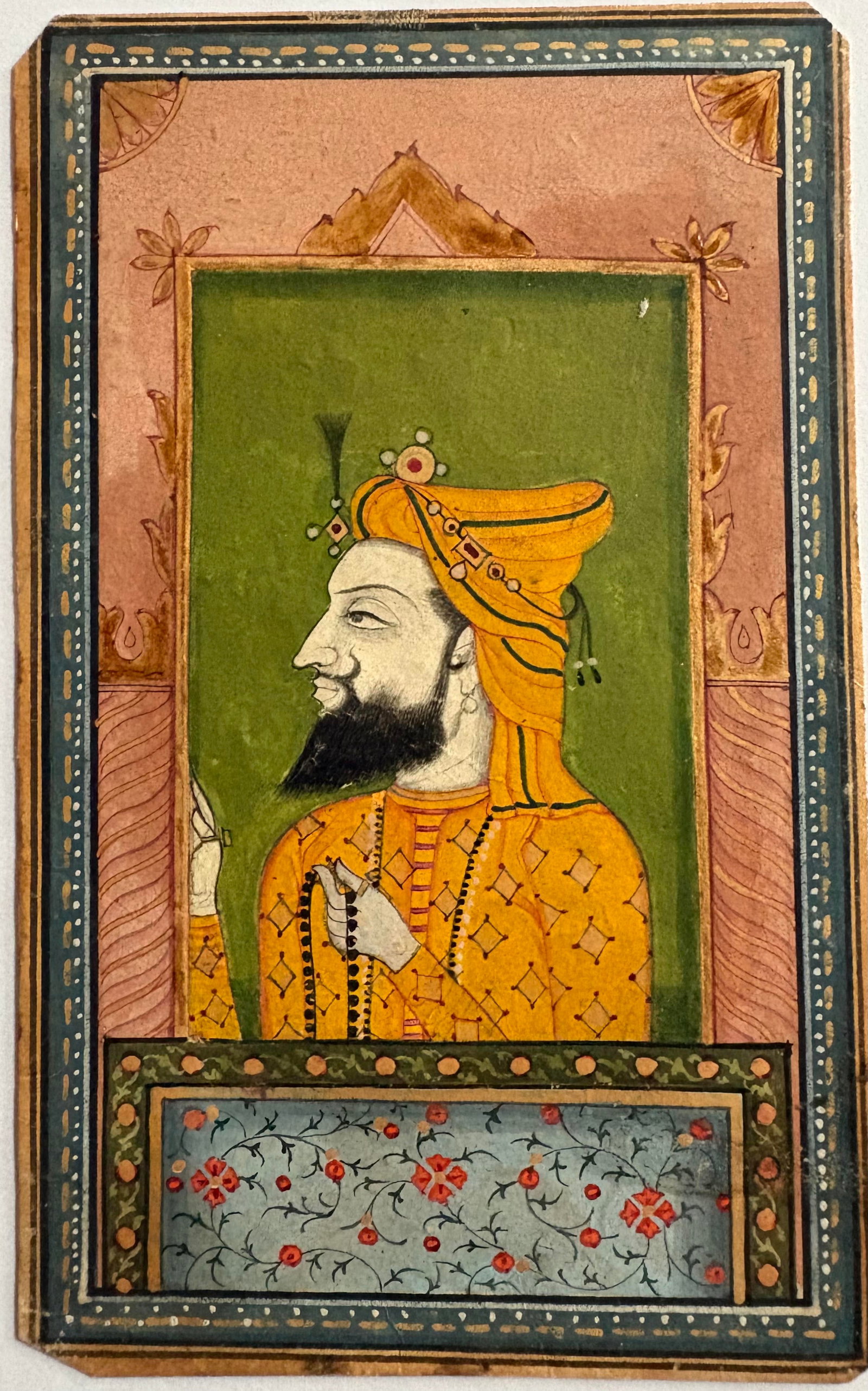 Portrait of a Sikh Nobleman or Ruler (Likely Guru Gobind Singh or a Sikh Chieftain) -: Portrait of a Sikh Nobleman or Ruler (Likely Guru Gobind Singh or a Sikh Chieftain) - Indian miniature painting This fine, historic miniature portrait belongs to the Sikh school , heavily influenced b