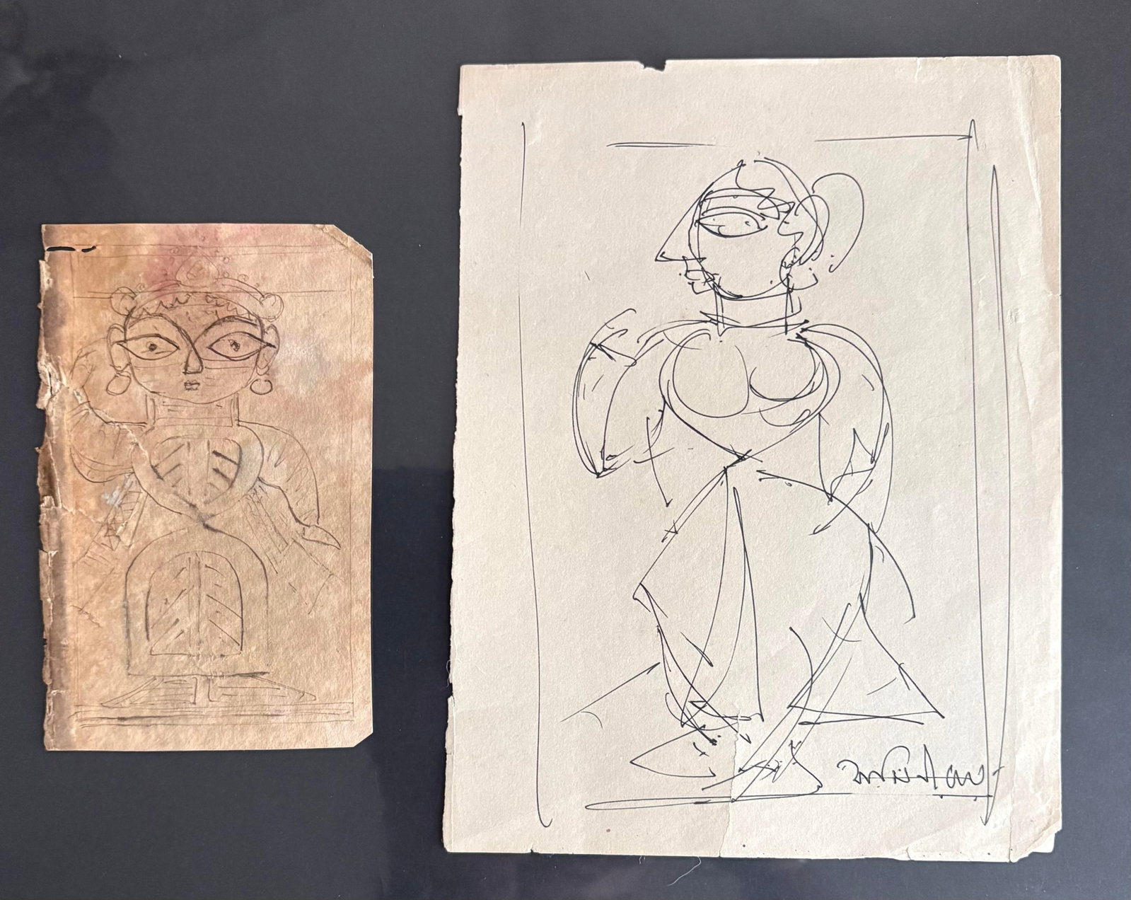 Jamini Roy ( Indian ) sketch Ink on paper: Jamini Roy ( Indian ) sketch Ink on paper A well known Indian painter. His iconic style—heavily influenced by the vibrant Kalighat patas and rural clay dolls of Bankura—is epitomized by bold calli