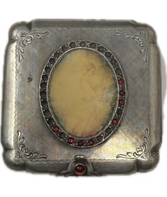 Antique rare 800 silver hand-painted figure scene gemstone mirror box (1 of 4)
