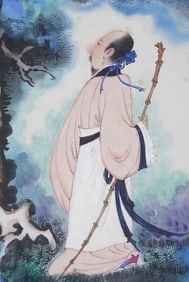A FIGURE PAINTING ON PAPER SIGNED ZHANG DAQIAN: A FIGURE PAINTING ON PAPER SIGNED ZHANG DAQIAN., 237 x 87 cm