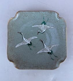 Antique Meiji Period Signed Japanese Banko Crane Design Enamel Square Plate: Antique Meiji Period Signed Japanese Banko Crane Design Enamel Square Plate with gilt rim and a firing flaw “chip” on the back 7 1/2” X 7 1/2”