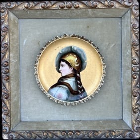 Antique French Enameled Portrait on a Porcelain Plate with Gilt Frame: Antique French Enameled Portrait on a Porcelain Plate with Gilt Frame, Plate size: 9" D, Frame Size: 7" x 7"