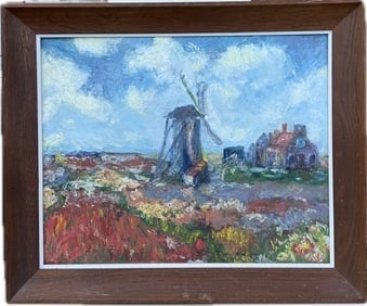 After Monet’s "Tulip Fields with the Rijnsburg Windmill" by An Unknown Artist in 1967: After Monet’s "Tulip Fields with the Rijnsburg Windmill" by An Unknown Artist in 1967, the painting size 16 x 20“The original Impressionist painting was created in 1886 during Monet's visit to