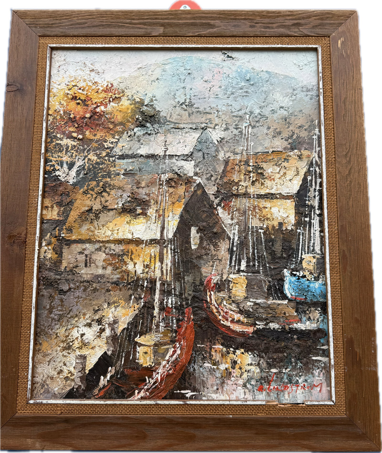impasto oil painting depicts a textured harbor scene (1 of 2)
