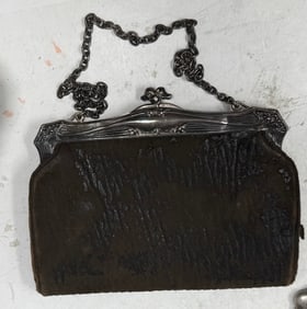 Antique leather art decor purse with a silver frame and chain: Antique leather art deco purse with a silver frame and chain, The purse is likely from the Victorian era, circa 1875 and the monogram appears to be the initials "R.B.S.", and the hallmark "STERLING" i
