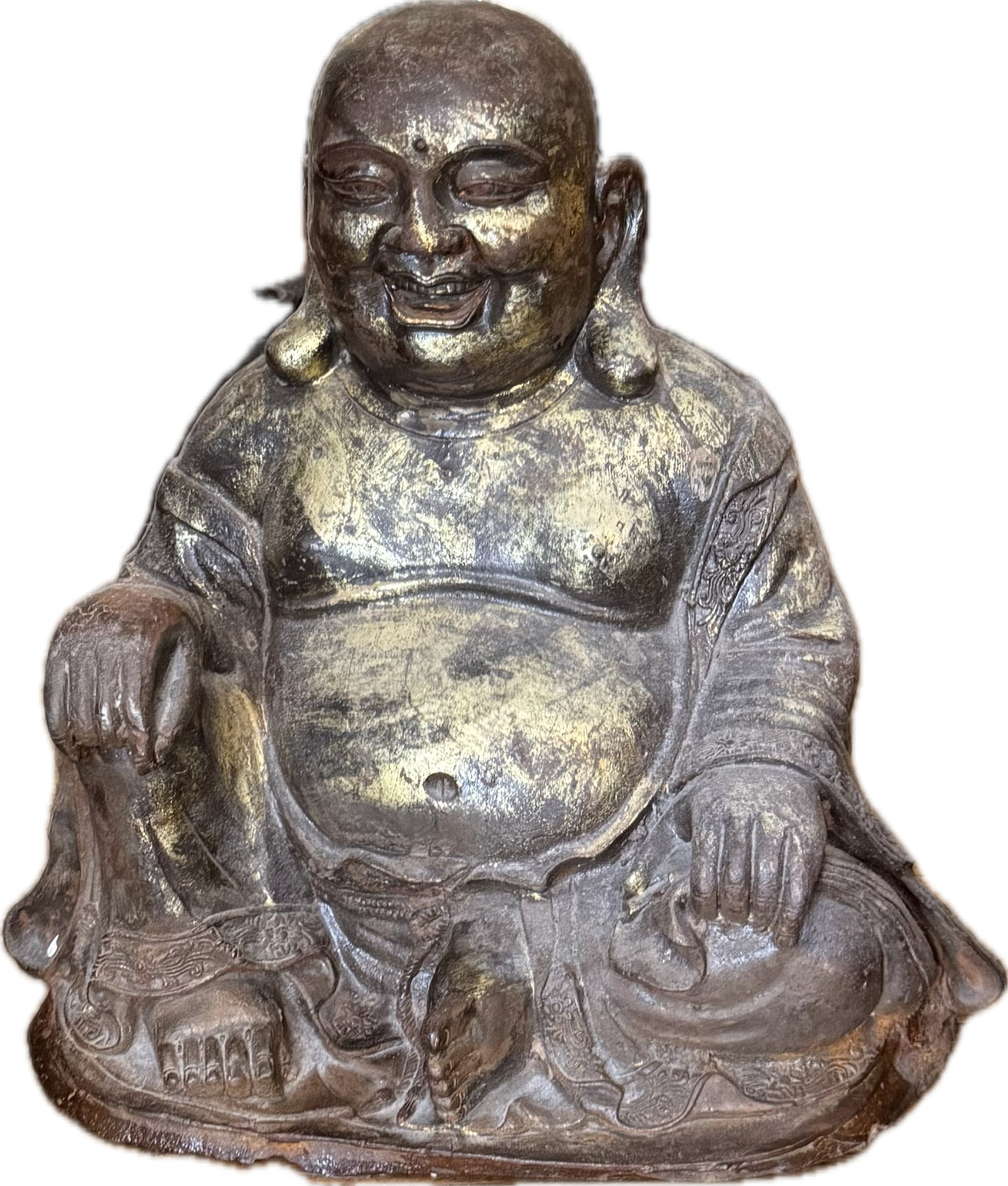 A Chinese Antique metal or bronze statue of Budai: A Chinese Antique metal or bronze statue of Budai, commonly known as the Laughing Buddha, featuring a dark patina with traces of gilt or gold lacquer finish. 14" x 12"