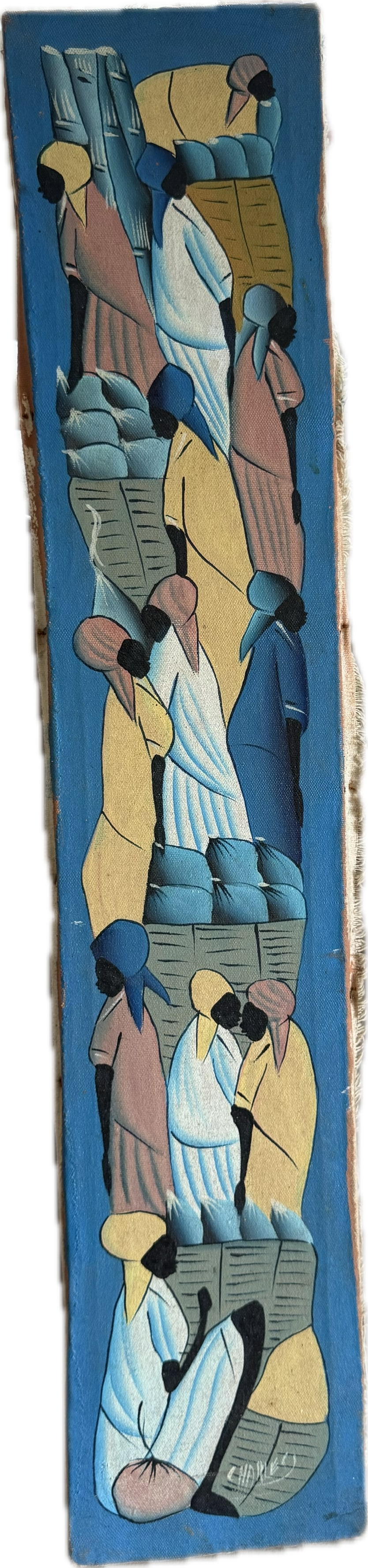 A vertical Haitian folk art painting on canvas: A vertical Haitian folk art painting on canvas or board, featuring stylized market women carrying goods, signed "Charles" in the lower right.54” x 6”