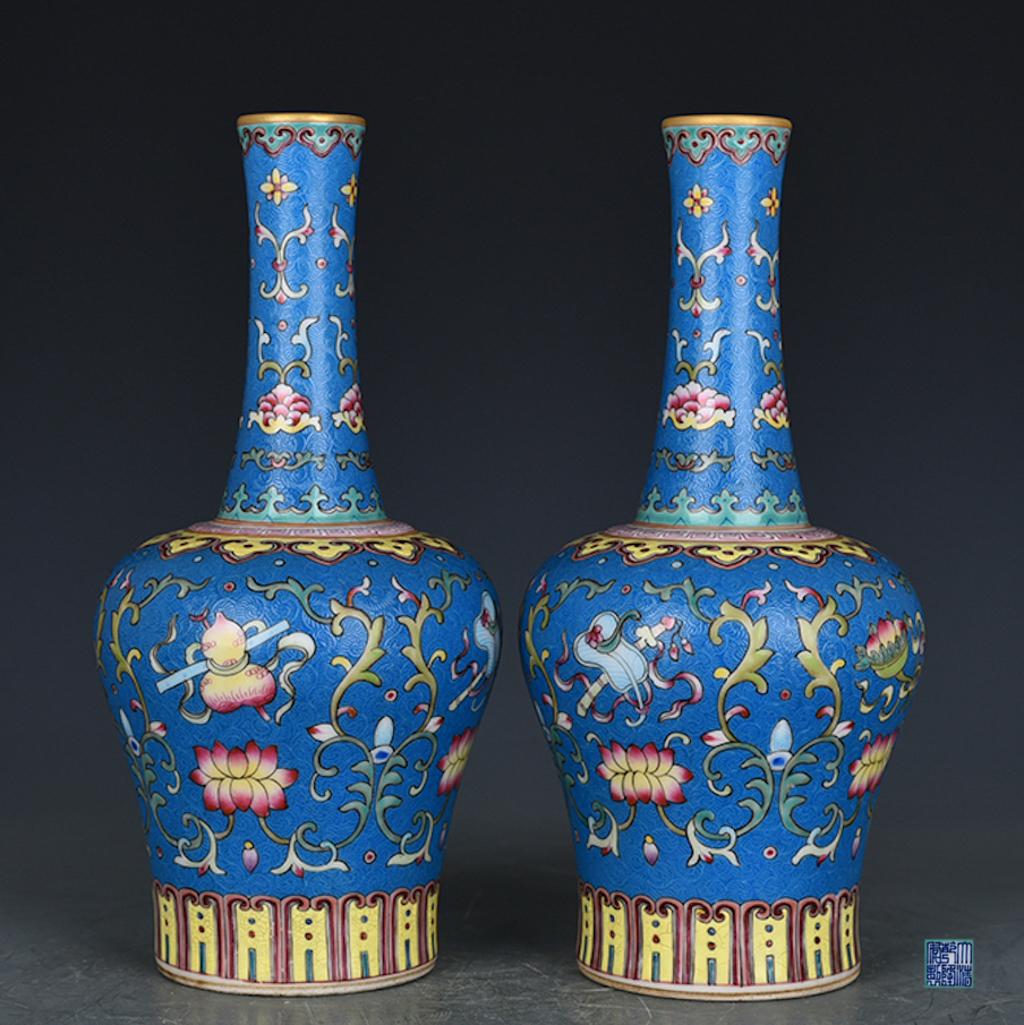 Pair Blue Glazed Sgraffiato Vases (1 of 9)