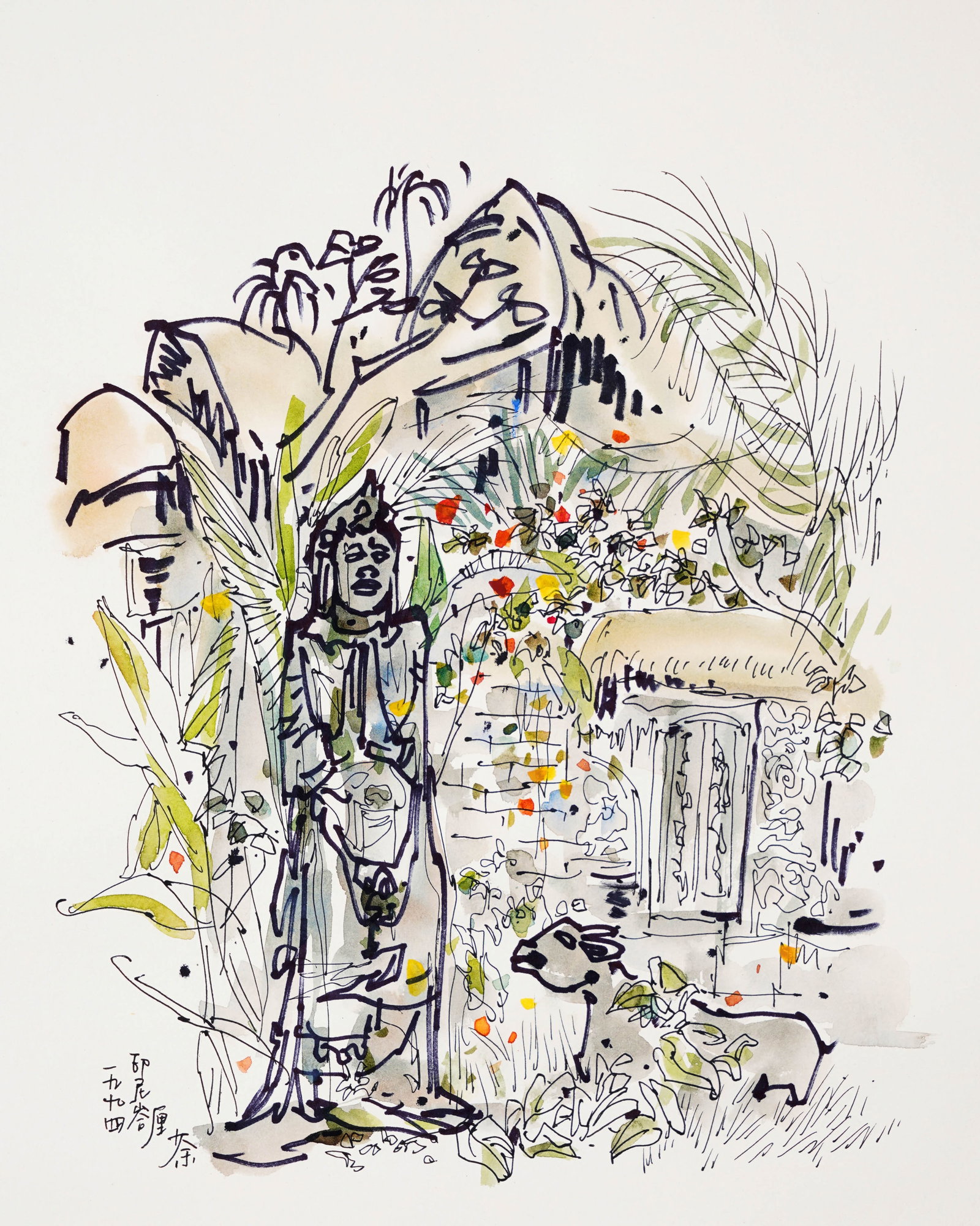 WU GUANZHONG (1919-2010), INK WITH WATERCOLOR ON PAPER: WU GUANZHONG (1919-2010), INK WITH WATERCOLOR ON PAPER Signed (lower left) Image Size: 29 7/8 x 20 3/4 inches (76cm x 53cm) Wu Guanzhong (1919-2010) was a master painter of the twentieth century in th