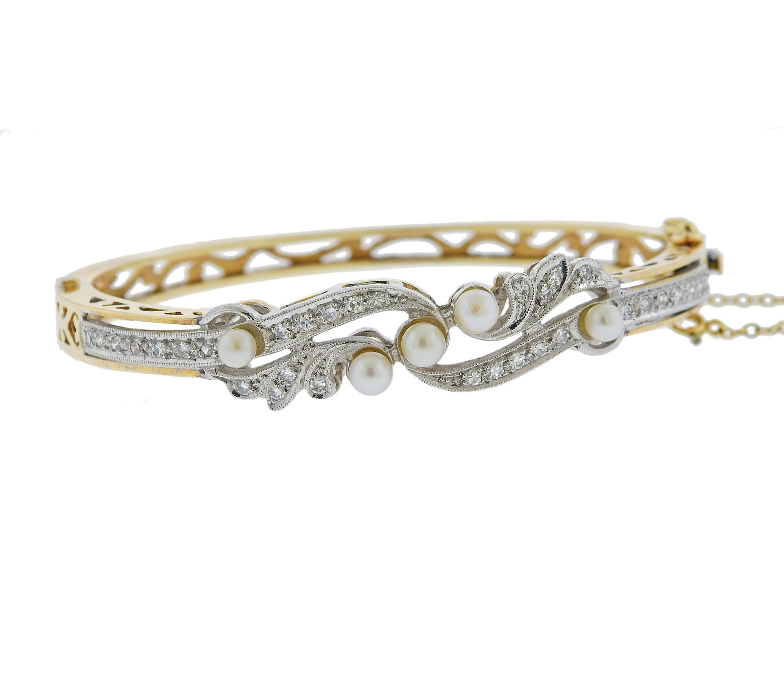 14k Gold Diamond Pearl Bangle Bracelet (1 of 4)