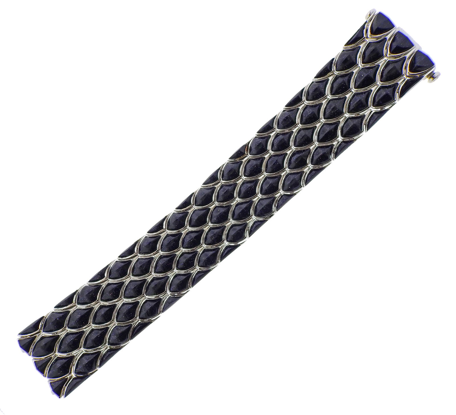 Stephen Webster Blue Gemstone Silver Scale Bracelet: Stephen Webster scale motif bracelet with blue gemstones. Bracelet is 7" long and 29mm wide. Marked: SW 925, English mark. Weight - 96.8 grams.