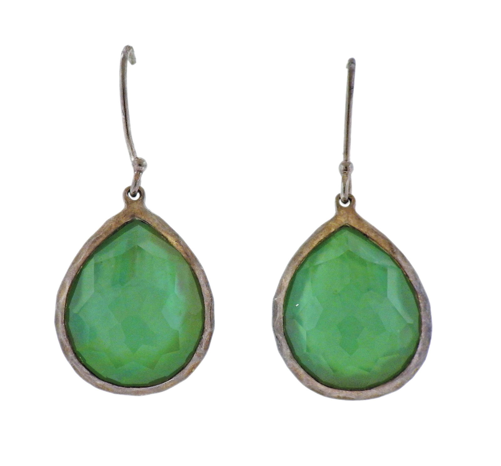 Ippolita Rock Candy Silver Green Quartz MOP Earrings: Pair of sterling silver Rock Candy earrings by Ippolita, featuring green quartz on one side and mother of pearl on back. Earrings are 33mm x 15mm. Marked: Ippolita, 925. Weight - 4.7 grams.