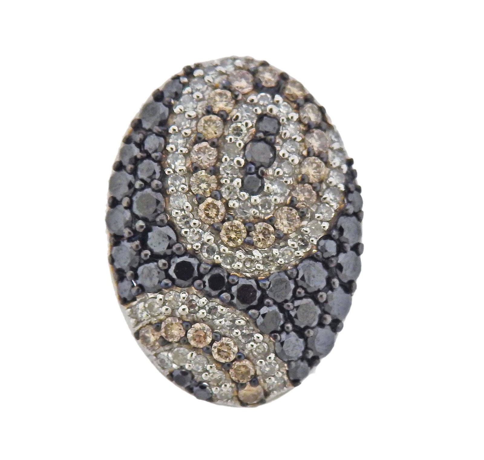 Effy 14k Gold Black White Fancy Diamond Slide Pendant: 14k white gold slide pendant by Effy, set with approx. 0.64ctw in white, fancy brown and black diamonds. Pendant is 20mm x 15mm. Marked: Effy, 585. weight: 3.2 grams.