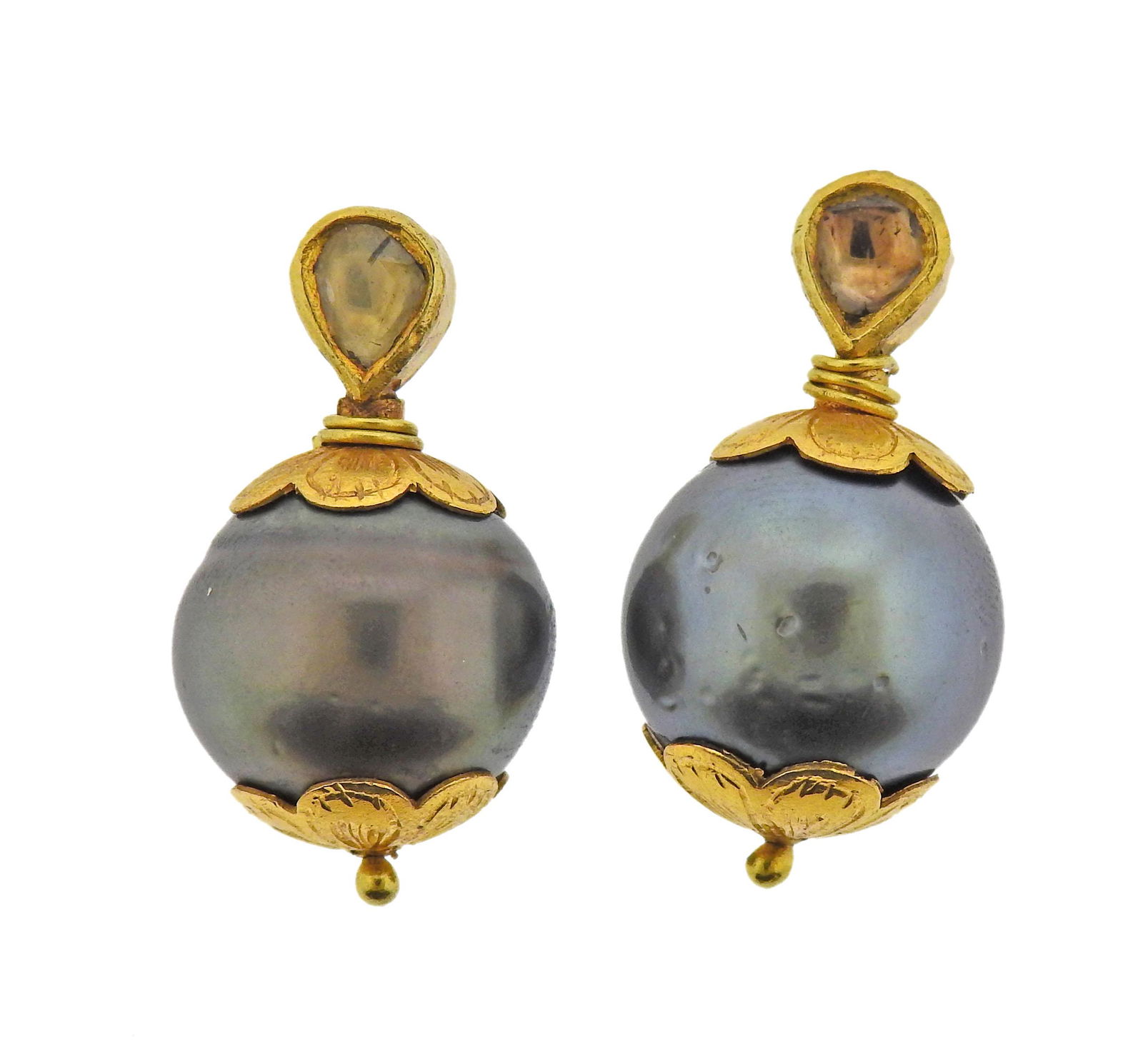 14K Gold Diamond Slice Tahitian Pearl Earring Pendants (1 of 2)