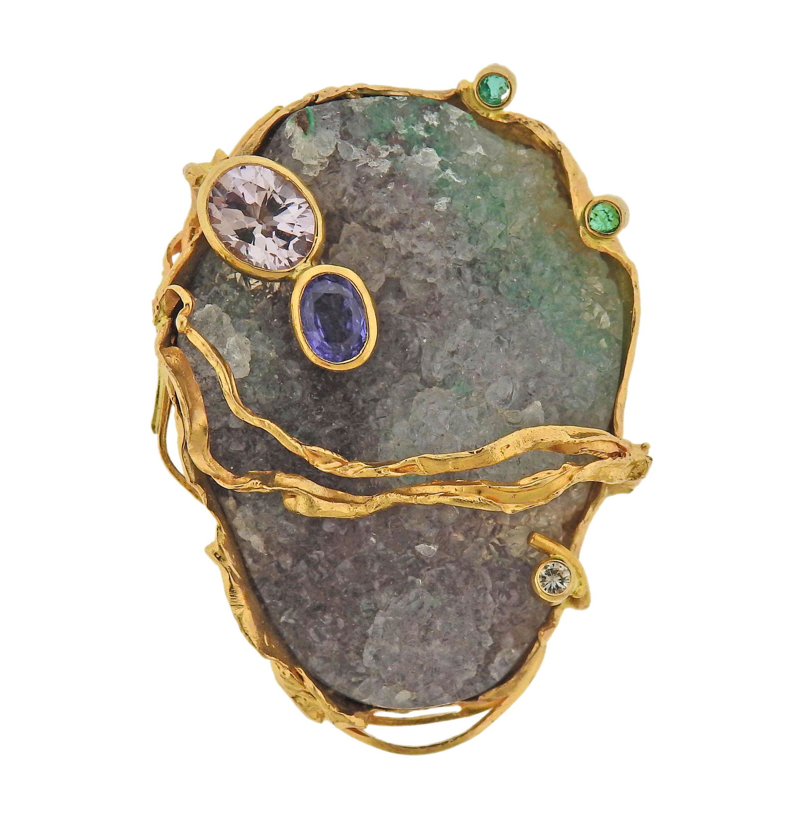 14k Gold Druzy Gemstone Iolite Diamond Brooch Pendant (1 of 4)