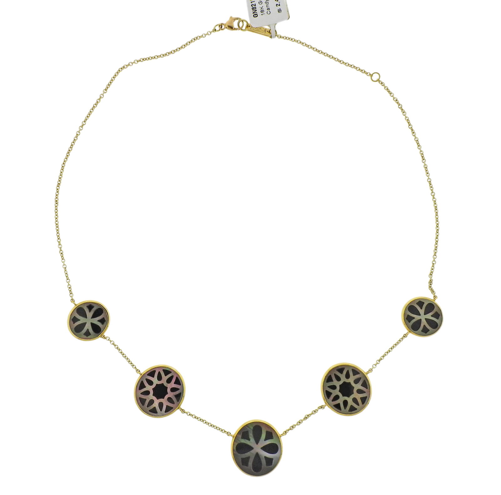 Ippolita Phantom 18k Gold Shell Necklace: 18k gold new with tag Ippolita Phantom necklace with 5 shell and onyx stations. Necklace is 18" long, pendats are 15mm and 20mm in diameter. marked: Ippolita, 18k. Retail $2495. Weight - 8.9 grams.
