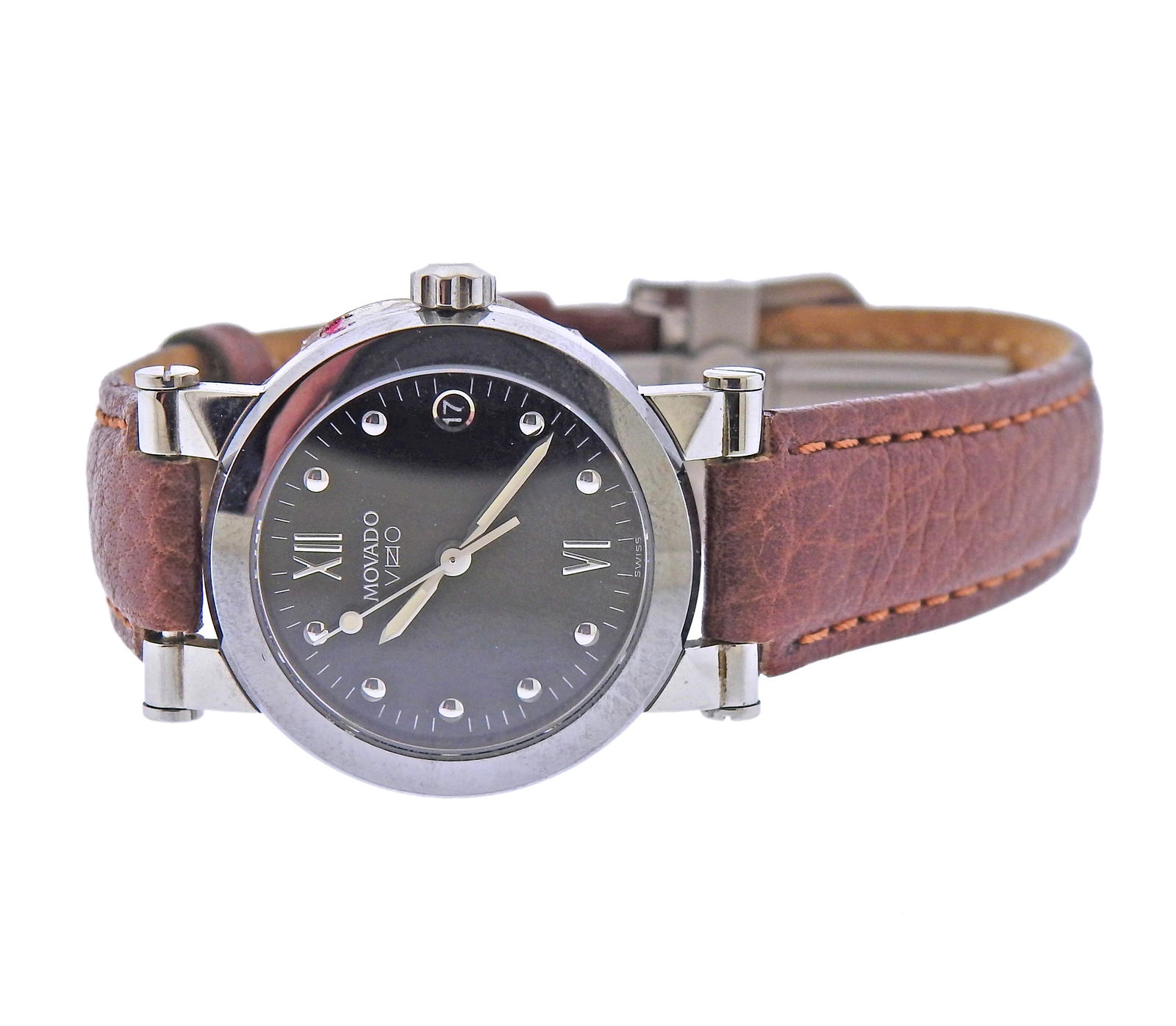 Movado Vizio Stainless Steel Watch: Movado Vizio stainless steel watch with leather band (not origina) and Movado deployment buckle. Movado black dial with silvered markers. Case - 26mm in diameter, band is 7.5" long.