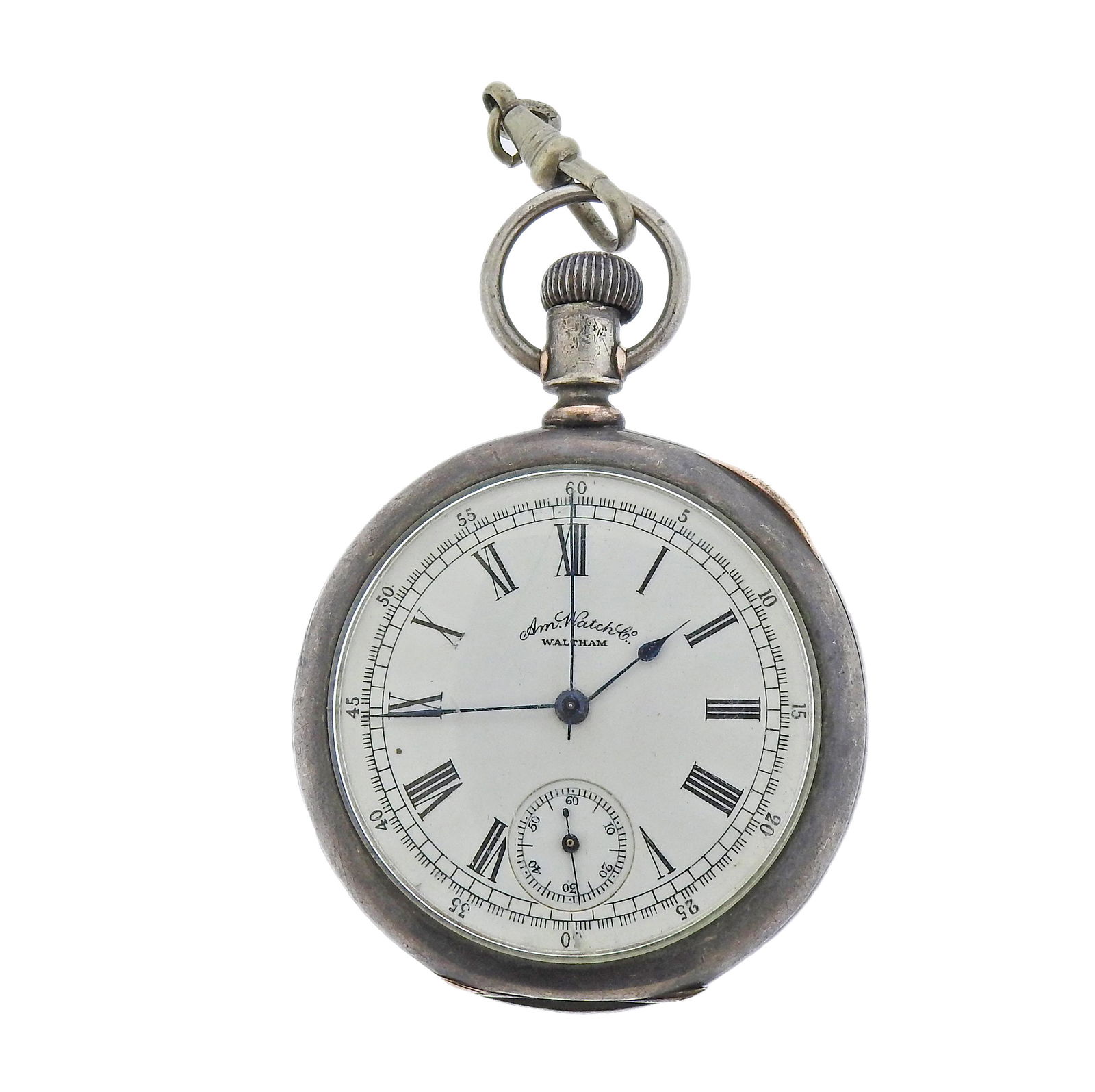 Antique Waltham Coin Silver Pocket Watch: Antique coin silver pocket watch by Waltham, featuring gold horse design on the case back. Not running, movement signed: A.W. Waltham, Mass, 3038011, Pat Sept 28.80, Eng. pat, No. 3224. Case is 50mm i