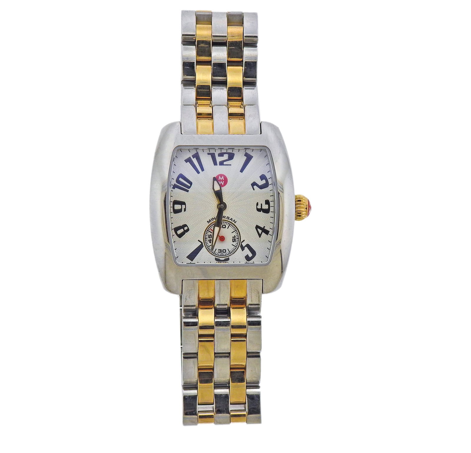 Michele Mini Urban Two Tone Watch MU37696: Two tone gold and steel Mini Urban watch by Michele. Silvered dial with small seconds subdial at 6 o'clock, black Arabic markers. Case - 28mm x 35mm. Band will fit up to a 6.5" wrist , with extra link