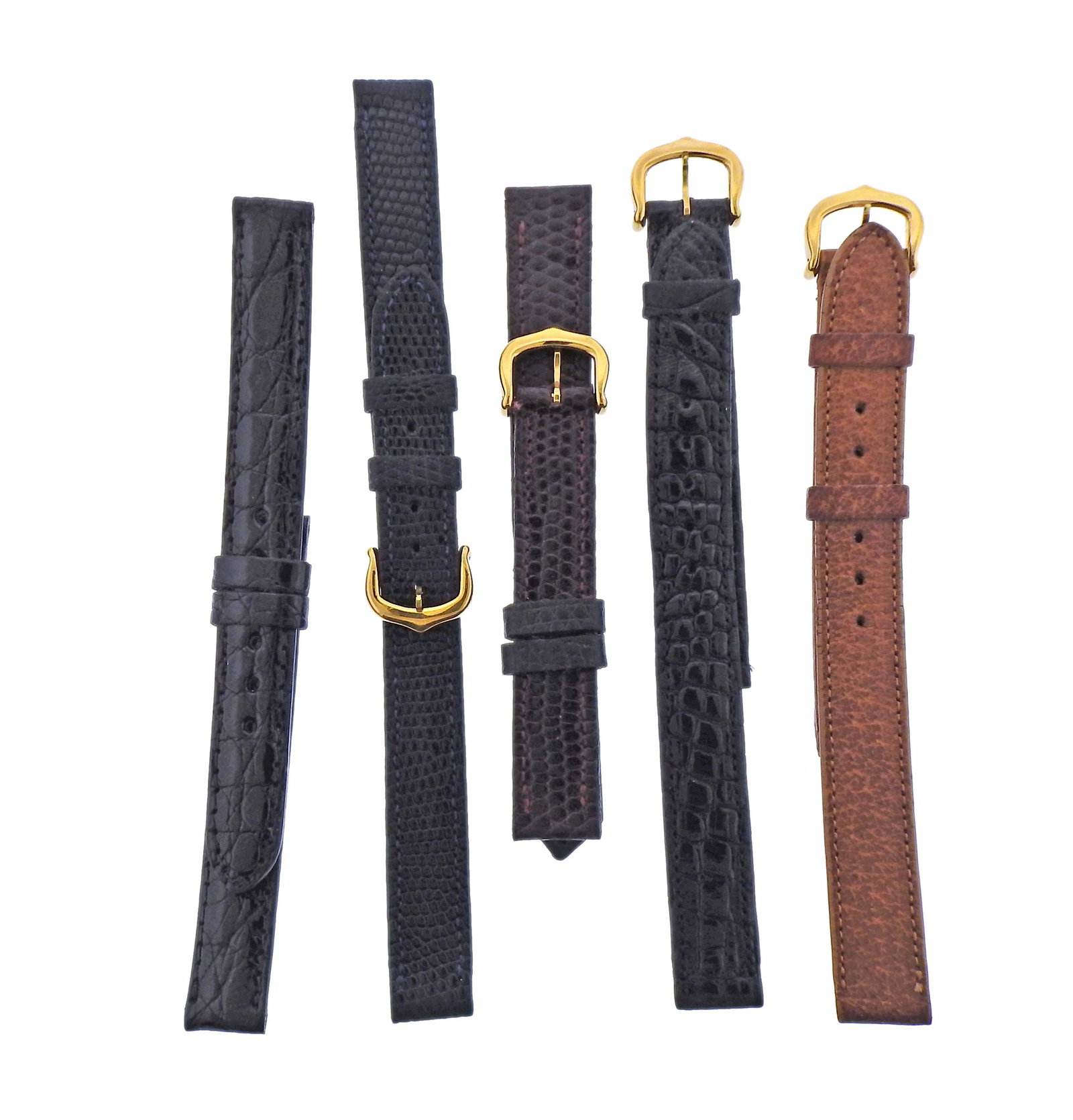 Cartier Leather Watch Band Lot of 5pc: Lot of 5 Cartier leather watch bands with gold tone Cartier buckles. All unused/new. Lug width - 12mm in all bands.