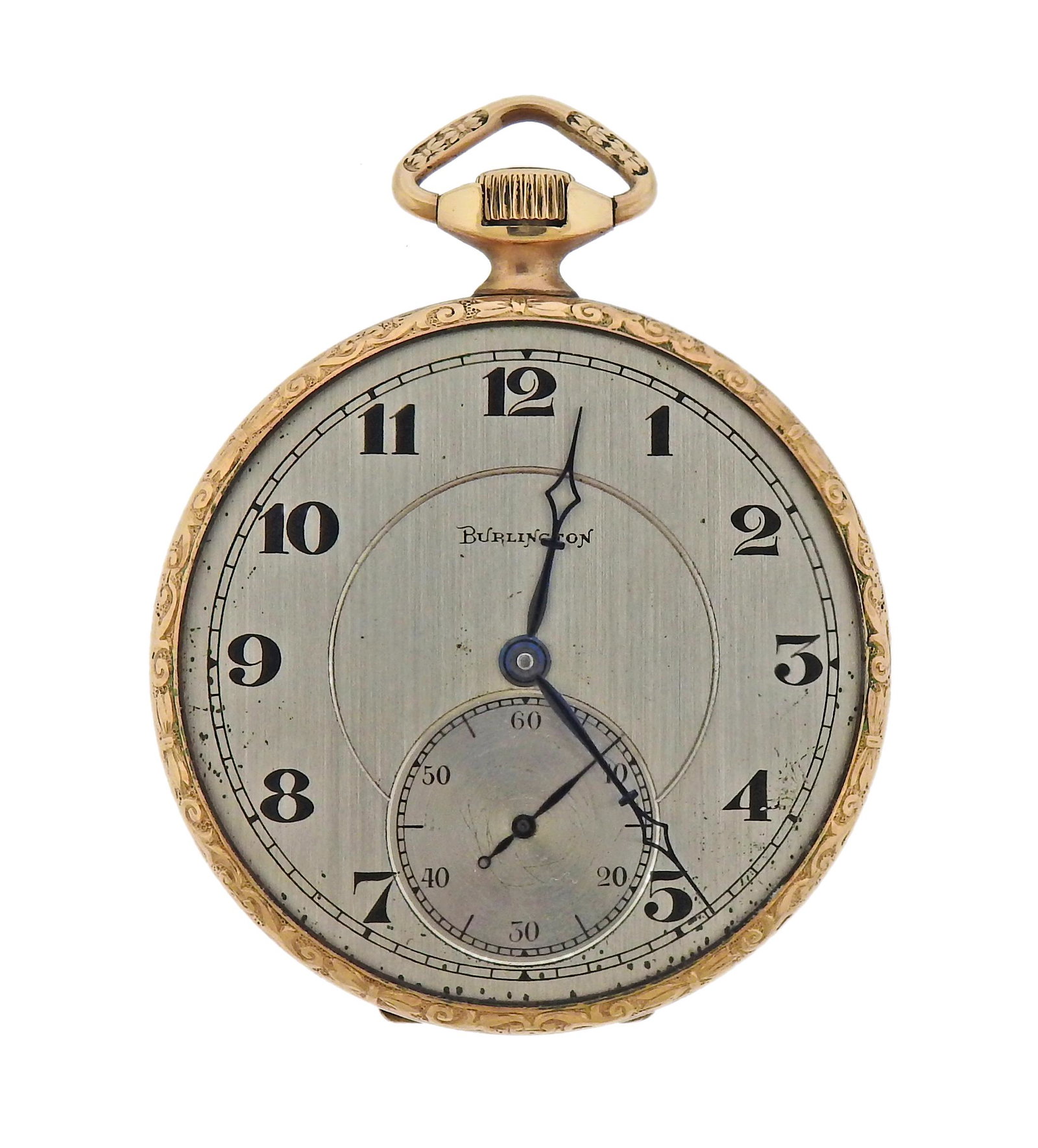Burlington Railroad Grade 14k Gold Filled Pocket Watch: Burlington Vintage Pocketwatch. Material - 14k yellow gold filled. Measurements - 48mm x 55mm. Movement - manual wind, 21 jewels, not in running order- but balance wheel is NOT broken.