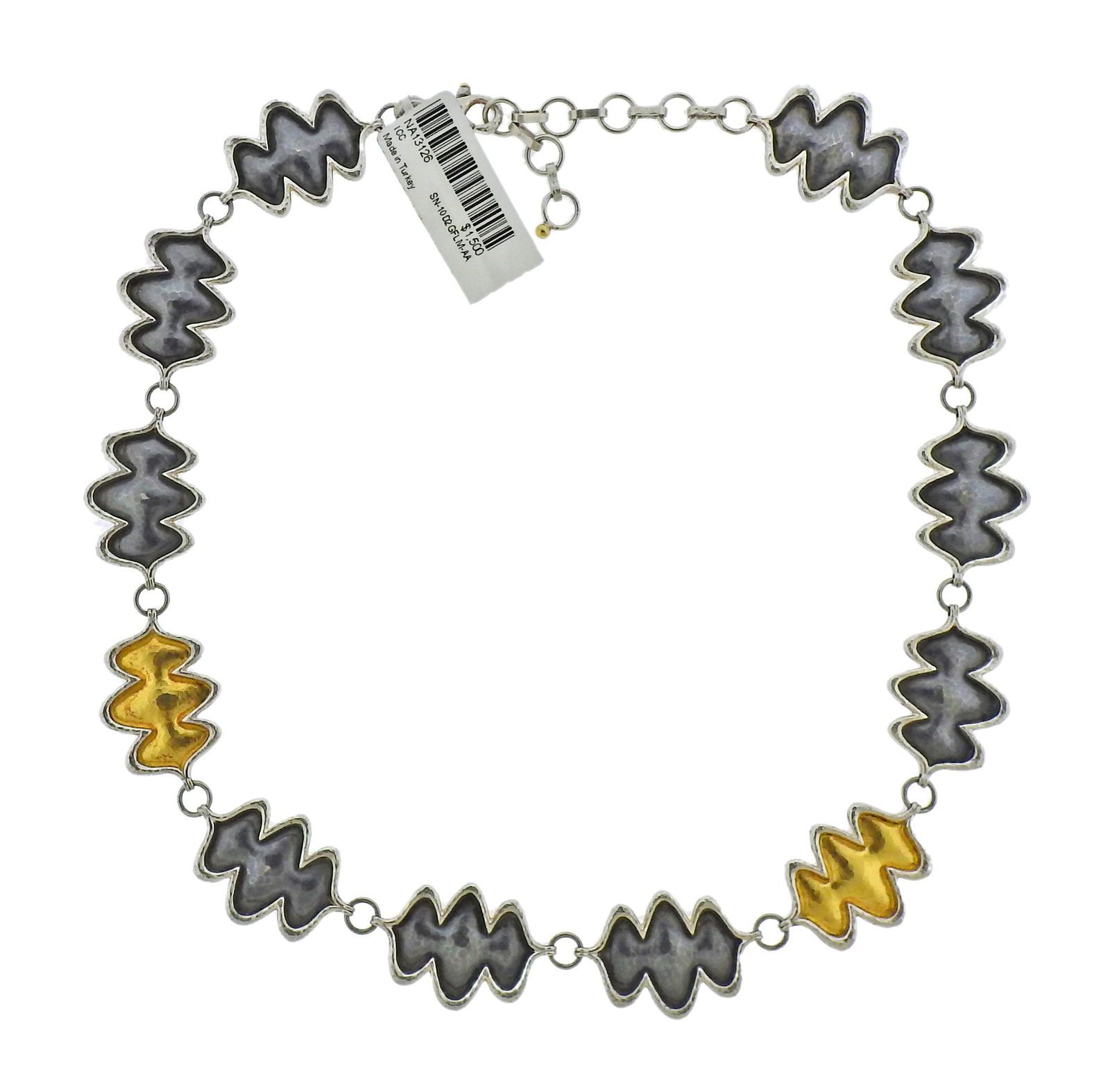 24k Gurhan Flame Gold Sterling Blackened Silver Link: New Gurhan Flame link necklace in 24K yellow gold and sterling blackened silver. Necklace retails for $1,550! Material - 24k Gold, Sterling Silver. Measurements- Necklace is 18 1/2" long and 20mm at w