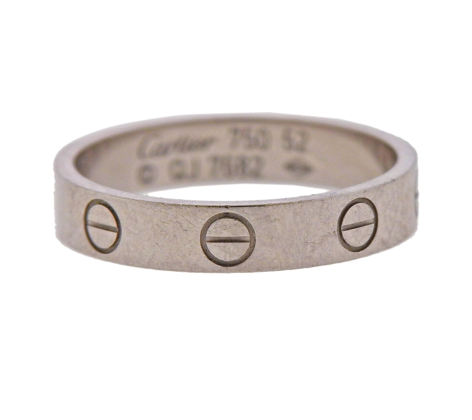 Cartier Love 18k Gold Band Ring Size 52: Iconic Love band ring by Cartier in size 52. Ring is 3.7mm wide, US size 6.25. Marked: Cartier, 52, 750, QJ 7682. Weight - 3.4 grams.