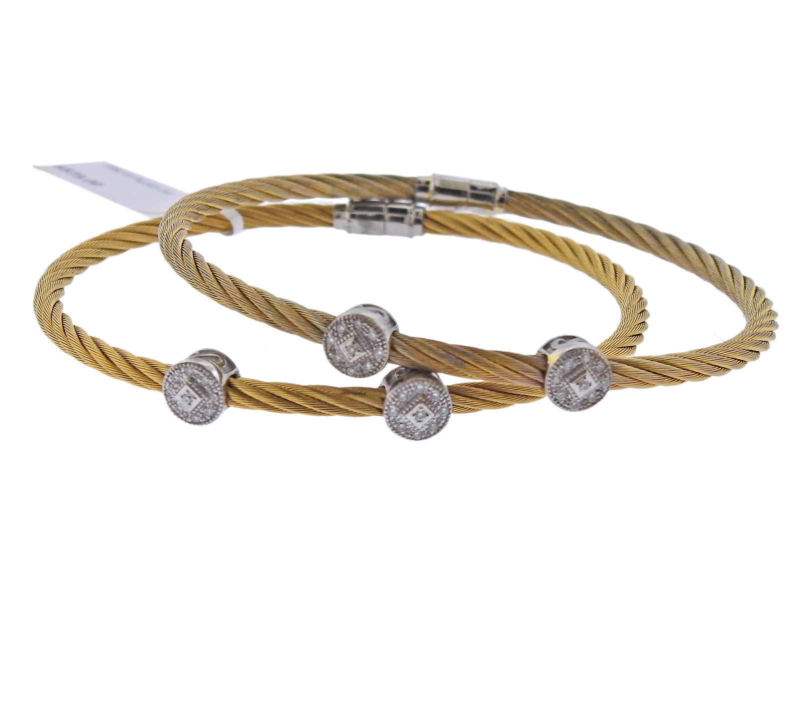Charriol 18k Gold Steel Diamond Bracelet Set: Brand new with tags 18k gold and steel bangle bracelets by Charriol, with approx. 0.09ctw diamonds each. Bracelets will fit approx. 7" wrist and each is 7mm wide at wiest points ( circle elements). Ma